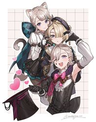  1girl 2boys animal_ear_fluff animal_ears black_gloves black_hat black_pantyhose blonde_hair blush bow cat_ears cat_girl cat_tail facial_mark freckles freminet_(genshin_impact) genshin_impact gloves grey_hair hair_over_one_eye hat heart heart_hands heart_hands_duo highres holding holding_clothes holding_hat jacket long_sleeves looking_at_viewer lynette_(genshin_impact) lyney_(genshin_impact) multicolored_hair multiple_boys one_eye_closed open_mouth pantyhose parted_lips star_(symbol) star_facial_mark streaked_hair tail teardrop_facial_mark top_hat twitter_username unapoppo violet_eyes 
