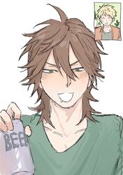  2boys @_@ atou_haruki beer_can black_shirt blonde_hair blush brown_hair can closed_mouth collarbone commentary drink_can drooling drunk gigantea_pp green_eyes green_shirt highres holding holding_can isoi_reiji jacket male_focus medium_hair mouth_drool multiple_boys open_clothes open_jacket orange_jacket saibou_shinkyoku shirt short_hair simple_background smile sweat symbol-only_commentary v-shaped_eyebrows video_call white_background 
