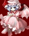  1girl absurdres bat_wings blue_hair closed_mouth collared_dress dress frilled_dress frills full_body hand_up hat highres imperishable_night light_blue_hair looking_at_viewer medium_hair mob_cap no_shoes official_style pink_dress pink_hat pink_socks puffy_short_sleeves puffy_sleeves red_background red_eyes red_ribbon remilia_scarlet ribbon short_sleeves simple_background socks solo touhou wings yakumora_n zun_(style) 