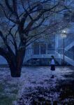  1girl black_footwear black_hair black_socks blue_skirt cherry_blossoms falling_petals highres holding holding_umbrella neckerchief original outdoors petals rain scenery school_uniform serafuku shirt short_hair shurock skirt socks solo tree umbrella white_shirt 