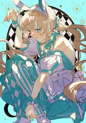  1girl absurdres ahoge animal_ear_hairband animal_ears argyle_clothes argyle_legwear argyle_thighhighs artoria_caster_(fate) artoria_caster_(swimsuit)_(fate) artoria_caster_(swimsuit)_(second_ascension)_(fate) artoria_pendragon_(fate) bare_shoulders blonde_hair blue_background blue_dress blue_ribbon blue_thighhighs blush bow bow_legwear checkered_thighhighs detached_sleeves dress dress_bow fake_animal_ears fate/grand_order fate_(series) green_eyes hair_ornament hair_scrunchie hairband highres low_twintails nasubi_illust rabbit_ears ribbon scrunchie sidelocks sleeveless solo striped_clothes striped_thighhighs thigh-highs twintails two-tone_thighhighs vertical-striped_clothes vertical-striped_thighhighs white_footwear wrist_scrunchie 