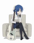  1girl black_pantyhose blue_hair blue_skirt bocchi_the_rock! couch crossed_legs electric_guitar full_body guitar hair_ornament hairclip hand_on_own_knee highres hoite_(11922960_ze) holding holding_guitar holding_instrument instrument pantyhose shirt short_hair simple_background sitting skirt solo white_background white_shirt yamada_ryo yellow_eyes 