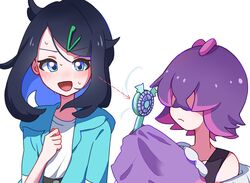  2girls black_hair blue_eyes blush cardigan closed_mouth dot_(pokemon) electric_fan eyelashes hair_ornament hair_over_eyes hairclip handheld_electric_fan holding jacket liko_(pokemon) multicolored_hair multiple_girls open_clothes open_mouth pink_hair pokemon pokemon_(anime) pokemon_horizons purple_hair seiun_(hoshigumo_72) shirt short_hair tank_top upper_body white_shirt 