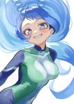  1girl absurdres blue_bodysuit blue_eyes blue_hair bodysuit boku_no_hero_academia covered_navel drill_hair green_bodysuit grin hadou_nejire hair_horns highres light_blush long_hair looking_at_viewer multicolored_bodysuit multicolored_clothes simple_background smile solo superhero_costume teeth twin_drills white_background zd_(pixiv6210083) 