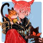 1boy animal animal_ears animal_on_shoulder bell blue_background border cat cat_ears cat_on_shoulder closed_mouth crystal_exarch curled_tail dated final_fantasy final_fantasy_xiv g&#039;raha_tia holding holding_animal holding_cat itowo_(itowc) jingle_bell male_focus miqo&#039;te neck_bell notice_lines outside_border red_eyes redhead simple_background solo white_border 