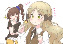  2girls :d ahoge black_hair black_ribbon black_shirt blunt_bangs blush breasts closed_eyes collar cowboy_shot damokan66 eating eyelashes finger_gun fluffy_hair food green_eyes hair_ornament hair_ribbon hair_scrunchie hand_on_own_chin handa_roco highres idolmaster idolmaster_million_live! idolmaster_million_live!_theater_days jewelry light_brown_hair long_hair long_sleeves multiple_girls neck_ribbon necklace pants parted_bangs ribbon scrunchie shirt short_sleeves side_ponytail sidelocks simple_background small_breasts smile star_(symbol) star_necklace takoyaki twintails upper_body v-shaped_eyebrows vest waistcoat wavy_hair white_background white_collar yellow_pants yokoyama_nao 