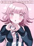  1girl breasts brown_hair collared_shirt danganronpa_(series) danganronpa_2:_goodbye_despair flipped_hair galaga hair_ornament heart heart_hands hood ikemen&#039;na_ore-shi jacket long_sleeves looking_at_viewer medium_hair nanami_chiaki neck_ribbon open_clothes open_jacket pink_eyes pink_ribbon ribbon shirt solo white_shirt 