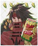  1boy belt_buckle black_gloves black_hair brown_eyes buckle bugles_(food) cape chips_(food) claw_pose clawed_gauntlets commentary corn corn_cob covered_mouth final_fantasy final_fantasy_vii final_fantasy_vii_rebirth final_fantasy_vii_remake food gauntlets gloves hands_up headband highres holding holding_food long_hair male_focus red_cape red_headband rena_s1226 single_gauntlet snack solo spiky_hair symbol-only_commentary upper_body vincent_valentine 