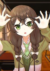  1girl adjusting_eyewear black-framed_eyewear black_hair bow braid cevio collared_shirt commentary crooked_eyewear glasses green_eyes green_jacket green_necktie green_sweater hair_bow hanakuma_chifuyu highres indoors jacket long_hair long_sleeves looking_at_viewer magnumcarta multicolored_clothes multicolored_jacket necktie open_clothes open_jacket open_mouth shirt sleeves_past_wrists solo sweater synthesizer_v twin_braids two-tone_jacket upper_body white_bow white_jacket wi-fi_symbol wooden_floor 