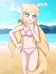 1girl animal_ear_fluff animal_ears back_bow beach bikini blonde_hair blue_eyes blush cat_ears gacha_life heart-shaped_pupils lunime open_mouth purple_eyes senpaibuns sleepybunsu smile solo star swimsuit symbol-shaped_pupils tail twintails