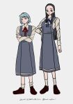  2girls ace_attorney arm_at_side black_hair blue_hair blue_ribbon brown_footwear callisto_yew closed_mouth crossed_arms dress earrings franziska_von_karma freckles full_body hand_on_own_hip height_difference highres jewelry long_hair long_sleeves mole mole_under_eye multiple_girls pinafore_dress rat_nkmi red_ribbon ribbon school_uniform shirt simple_background sleeveless sleeveless_dress socks white_shirt white_socks 