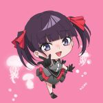  1girl :d arm_ribbon black_gloves chibi collared_shirt commentary_request copyright_notice full_body gloves grey_shirt grey_skirt hair_ribbon idol idol_clothes jellyfish long_hair looking_at_viewer medium_hair official_art open_mouth pink_background pleated_skirt purple_hair red_ribbon ribbon setou_mero shirt skirt sleeveless sleeveless_shirt smile solo twintails violet_eyes w yoru_no_kurage_wa_oyogenai 