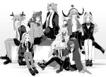  6+girls absinthe_(arknights) alternate_costume animal_ears antlers arknights bear_ears bear_girl bottle camel_ears camel_girl clothes_around_waist cow_girl cow_horns dark-skinned_female dark_skin deer_antlers deer_girl feathered_wings feathers firewatch_(arknights) flint_(arknights) heavyrain_(arknights) holding holding_bottle horns irene_(arknights) iwashi_80 jacket jacket_around_waist looking_at_viewer multiple_girls pallas_(arknights) raccoon_ears raccoon_girl robin_(arknights) school_uniform shoes sneakers teacher_and_student tuye_(arknights) wine_bottle wings zebra_ears zebra_girl 