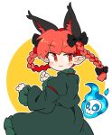  1girl :3 animal_ears blush braid cat_ears closed_mouth dress extra_ears flaming_skull frilled_sleeves frills green_dress highres ini_(inunabe00) kaenbyou_rin long_hair long_sleeves pointy_ears red_eyes redhead skull sleeve_garter smile solo touhou twin_braids 