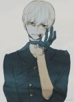  110tkmr 1boy 9s_(nier:automata) black_choker black_gloves black_jacket choker clenched_teeth dirty dirty_face finger_in_own_mouth gloves grey_background grey_eyes hair_between_eyes highres jacket long_sleeves looking_at_viewer male_focus nier:automata nier_(series) pendant_choker short_hair solo teeth twitter_username upper_body white_hair white_sleeves 