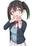 1girl black_hair black_jacket blue_vest blush breasts collared_shirt commentary_request gradient_hair green_eyes green_hair highres jacket lamchan long_sleeves looking_at_viewer love_live! love_live!_nijigasaki_high_school_idol_club medium_breasts multicolored_hair neck_ribbon nijigasaki_academy_school_uniform open_clothes open_jacket open_mouth plaid plaid_skirt red_ribbon ribbon school_uniform shirt skirt solo standing takasaki_yuu twintails upper_body v vest white_background white_shirt white_skirt winter_uniform