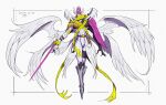  angel angel_wings arm_blade armor armored_boots blonde_hair boots breastplate covered_eyes dated digimon digimon_(creature) feathered_wings full_body helmet helmet_over_eyes highres holyangemon long_hair multiple_wings ribbon simple_background solo tototo5957 weapon white_background white_wings wings yellow_ribbon 