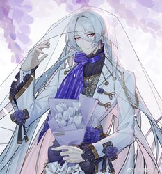  1boy absurdres aiguillette alternate_costume ban_tang_siji_qing black_bow black_shirt bouquet bow bridal_veil buttons cael_anselm cat closed_mouth coat earrings flower flower_button frilled_coat frilled_shirt_collar frilled_sleeves frills groom hair_between_eyes hair_intakes hand_up highres holding holding_bouquet jewelry lace lapels long_bangs long_hair long_sleeves looking_at_viewer lovebrush_chronicles male_focus neck_ribbon patterned_clothing purple_flower purple_ribbon purple_rose purple_scarf ribbon rose scarf shirt sleeve_bow smile solo striped_clothes striped_scarf tulip veil veil_lift very_long_hair vest violet_eyes weibo_logo weibo_watermark white_coat white_flower white_hair white_vest wisteria 