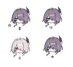 1girl 43ld6 acheron_(honkai:_star_rail) chibi chibi_only closed_mouth crying crying_with_eyes_open food fruit hair_intakes hair_ornament hair_over_one_eye head_only honkai:_star_rail honkai_(series) looking_at_food looking_at_viewer medium_hair multicolored_hair multiple_views official_alternate_color peach purple_hair red_eyes simple_background streaked_hair tears translation_request violet_eyes white_background white_hair 