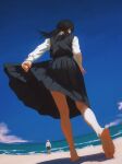  1girl barefoot beach black_dress black_hair chainsaw_man clothes_pull clouds dress dress_pull feet foot_focus full_body highres long_hair low_twintails mitaka_asa ocean outdoors pleated_dress shadow shirt sky standing twintails water white_shirt yao_liao_wang 
