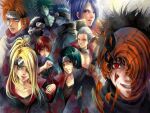  6+boys blonde_hair blue_eyes blue_hair blue_skin character_request colored_skin commentary_request deidara_(naruto) forehead_protector green_skin konan_(naruto) male_focus multiple_boys multiple_girls naruto naruto_(series) open_mouth ponytail red_eyes redhead scorpion suks uchiha_itachi uchiha_obito 