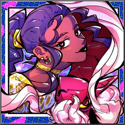  1girl antenna_hair black_eyes black_hair choker collarbone colored_skin earrings english_commentary hair_behind_ear heart heart-shaped_pupils highres jewelry long_hair looking_at_viewer love_sickubus mile multiple_forms official_art pink_hair pointy_ears ponytail red_eyes red_pupils red_skin saredd shirt smile sophia_kiss symbol-shaped_pupils very_long_hair yellow_choker yellow_shirt 