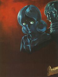  1970s_(style) 1980s_(style) 1girl 2boys amuro_ray belt bindi blue_eyes boots char_aznable clouds cropped dark_clouds earth_federation green_eyes gundam highres lalah_sune looking_at_another military military_uniform mobile_suit_gundam multiple_boys painting_(medium) retro_artstyle scan serious traditional_media tunic uniform yasuhiko_yoshikazu zeon 