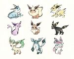  :3 black_eyes blue_eyes bow closed_mouth colored_sclera eevee espeon evolutionary_line fins flareon glaceon head_fins highres jolteon leaf leafeon metikyun no_humans pointy_ears pokemon pokemon_(creature) red_sclera split_tail sylveon tail trait_connection umbreon vaporeon white_background 
