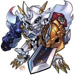  arm_blade arm_cannon armor artist_logo blue_eyes cape chibi colored_skin commission cwdw digimoji digimon digimon_(creature) energy_gun english_commentary highres humanoid_robot looking_at_viewer multiple_heads omegamon_x-antibody red_cape robot shield shoulder_armor simple_background solo spikes sword translation_request two-sided_cape two-sided_fabric weapon white_background white_cape white_skin 