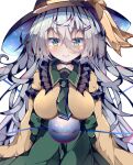  1girl alternate_hair_length alternate_hairstyle black_hat blush breasts closed_mouth commentary_request fant green_eyes grey_hair hat heart heart_of_string highres komeiji_koishi long_hair long_sleeves looking_at_viewer simple_background smile solo third_eye touhou upper_body white_background 