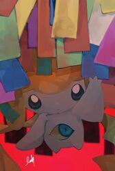  blue_eyes closed_mouth colored_skin commentary extra_eyes floating highres jirachi looking_at_viewer ni_celery_pk no_humans pokemon pokemon_(creature) red_background signature solo symbol-only_commentary tanabata tanzaku third_eye_on_chest white_skin 