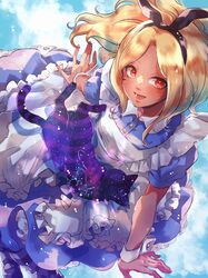  1girl :d alice_(alice_in_wonderland) alice_(alice_in_wonderland)_(cosplay) alice_in_wonderland alternate_costume apron black_headband blonde_hair blue_dress blue_sky blush cat clouds cloudy_sky commentary cosplay dark-skinned_female dark_skin dress dusty_(gravity_daze) floating floating_hair full_body gravity_daze headband highres kitten_(gravity_daze) long_hair looking_at_viewer lower_teeth_only mary_janes no31990 red_eyes shoes sky smile socks solo striped_clothes striped_socks symbol-only_commentary teeth white_apron wrist_cuffs 