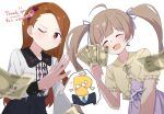  !? 1boy 2girls :d absurdres ahoge banknote blue_skirt blurry blurry_foreground blush brown_hair capelet closed_eyes collarbone dress hakozaki_serika highres holding holding_money idolmaster long_hair looking_at_viewer minase_iori money multiple_girls o_o one_eye_closed orange_hair p-head_producer pink_dress producer_(idolmaster) shirt shirt_tucked_in short_sleeves simple_background skirt smile spoken_character thank_you twintails violet_eyes white_background white_shirt yellow_capelet 