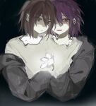  2boys black_jacket brown_eyes brown_hair chinese_commentary closed_mouth commentary_request conjoined hair_between_eyes hood hood_down hooded_jacket isoi_haruki jacket long_sleeves male_focus multiple_boys off_shoulder open_clothes open_jacket open_mouth origin_alpha purple_hair red_eyes saibou_shinkyoku sanzhuangdaoju shirt short_hair smile white_shirt 