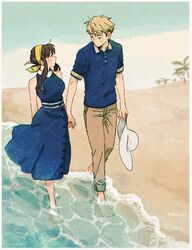  1boy 1girl beach black_hair blonde_hair blue_dress blue_shirt blue_sky brown_pants collared_shirt comori56 dress hairband hat highres holding holding_clothes holding_hands holding_hat husband_and_wife long_sidelocks looking_at_another outdoors palm_tree pants sand shirt short_sleeves sky sleeveless spy_x_family tree twilight_(spy_x_family) unworn_hat unworn_headwear walking yellow_hairband yor_briar 