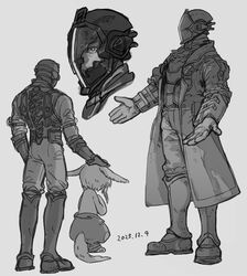  1boy 1other animal_ears bondrewd boots broken_helmet coat commentary_request dated ears_down from_behind gloves greyscale hachikiri_(1129umasi) hands_up headpat helm helmet long_sleeves looking_at_viewer made_in_abyss mechanical_spine medium_hair monochrome multiple_views nanachi_(made_in_abyss) open_clothes open_coat outstretched_arms pants pants_tucked_in puffy_pants short_hair_with_long_locks sketch standing tail thigh_boots 