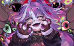  1girl bags_under_eyes black_choker black_nails black_shirt braid braided_bangs choker ear_piercing fang gloves grey_eyes highres holding_eyeball joey_ruvoa long_hair long_sleeves looking_at_viewer lower_teeth_only multicolored_hair one_side_up open_mouth piercing purple_hair red_eyes shirt skin_fang smile solo stitched_face stitches streaked_hair teeth too_many_eyes torn_clothes torn_shirt virtual_youtuber vshojo white_hair 