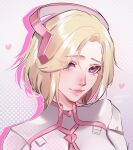  1girl 2023 animification artist_name blonde_hair blue_eyes english_commentary golub.lol heart jacket looking_at_viewer mercy_(overwatch) overwatch overwatch_1 pink_lips pink_mercy portrait short_hair smile solo white_jacket 