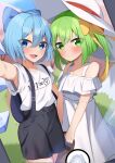  2girls :d alternate_costume bare_shoulders black_shorts blue_eyes blue_hair blush bow bright_pupils casual cirno closed_mouth clothes_writing collarbone commentary_request commission contemporary corrupted_twitter_file cowboy_shot daiyousei day dress eyes_visible_through_hair fang green_eyes green_hair hair_between_eyes hair_bow hair_ribbon hand_up happy hat highres ice ice_wings kirisame_oreo long_dress looking_at_viewer medium_hair multiple_girls off-shoulder_dress off_shoulder one_side_up open_mouth outdoors ribbon selfie shirt short_hair short_sleeves shorts skeb_commission smile split_mouth sundress suspender_shorts suspenders touhou tsurime white_dress white_hat white_shirt wings yellow_bow yellow_ribbon 