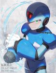  1boy arm_cannon armor blue_armor blue_helmet cowboy_shot energy_gun forehead_jewel from_above green_eyes grey_background highres male_focus mega_man_(series) mega_man_x_(series) powering_up solo twitter_username watermark weapon x_(mega_man) yamanashi_taiki 