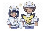  1boy 1girl aether_foundation_employee aether_foundation_uniform alolan_vulpix black_hair brown_eyes brown_hair closed_mouth dark-skinned_female dark-skinned_male dark_skin gloves hat holding holding_pokemon open_mouth pichu pokemon pokemon_(creature) pokemon_sm rii_(mrhc7482) shirt short_hair smile upper_body white_gloves white_hat white_shirt 