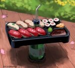  absurdres alcohol artist_name blurry bottle cherry_blossoms depth_of_field fish_(food) food food_focus highres hozumi_sousei no_humans nori_(seaweed) original petals salmon sashimi shadow sushi wasabi 