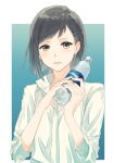  1girl black_hair bottle brown_eyes bullfalk collared_shirt dress_shirt hair_ornament hairclip holding holding_bottle looking_at_viewer open_mouth original shirt simple_background sleeves_past_elbows smile solo water_bottle white_shirt 