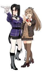  2girls black_hair black_skirt blazer boots bow bowtie brown_cardigan brown_eyes brown_hair brown_jacket brown_skirt brown_thighhighs cardigan cross-laced_footwear double_v gyaru_v jacket kantai_collection kumano_(kancolle) kumano_kai_ni_(kancolle) lace-up_boots long_hair military_uniform multiple_girls nachi_(kancolle) nachi_kai_ni_(kancolle) open_mouth pantyhose pencil_skirt pleated_skirt ponytail purple_jacket red_bow red_bowtie round_teeth shishanmo side_ponytail simple_background skirt teeth thigh-highs uniform upper_teeth_only v white_background white_pantyhose 