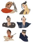  6+boys adjusting_clothes adjusting_headwear arm_up beard black_eyes black_hair brown_eyes brown_hair brown_shirt cassidy_(overwatch) character_request chengongzi123 chonmage closed_mouth collared_shirt copyright_request cowboy_hat cowboy_western dark-skinned_male dark_skin english_commentary facial_hair goatee_stubble golden_kamuy gun hair_ribbon hand_up handgun hanzo_(overwatch) hat highres holding holding_gun holding_weapon koito_otonoshin looking_at_viewer looking_back male_focus mechanical_arms multicolored_hair multiple_boys overwatch parted_lips portrait ribbon shirt short_hair short_ponytail simple_background single_mechanical_arm smile stubble topknot tsukishima_hajime very_short_hair weapon white_background white_hair 