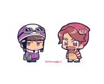  2boys arms_at_sides book brown_eyes brown_footwear brown_hair chibi chibi_only full_body holding holding_book jacket jitome kotorai marumaru_no_shuyaku_wa_wareware_da! multiple_boys no_nose open_mouth pants pig_hair_ornament pink_hat purple_helmet purple_jacket purple_pants shaoron shirt shoppi short_hair signature simple_background striped_clothes striped_shirt white_background yellow_overalls 