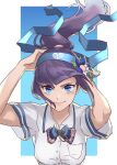  1girl aoi_ch. blue_background blue_bow blue_bowtie blue_eyes blue_headband border bow bowtie breasts closed_mouth collared_shirt commentary_request floating_hair flower fuji_aoi gradient_background hachimaki hair_floating_upwards hair_flower hair_ornament hands_up headband highres kanzashi long_hair looking_at_viewer medium_breasts mole mole_under_eye outside_border purple_hair shirt short_sleeves simple_background smile solo tokono_touhi tying_headband upper_body v-shaped_eyebrows virtual_youtuber white_border white_shirt 