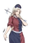  1girl absurdres arrow_(projectile) blue_dress blue_eyes blue_hat braid closed_mouth cross dress grey_hair hat highres holding holding_arrow holding_weapon long_hair nurse_cap red_cross red_dress short_sleeves simple_background single_braid solo touhou two-tone_dress weapon white_background yagokoro_eirin yagoro_kusuriya 