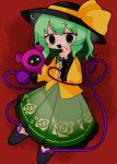  1girl aoiuna black_footwear black_hat bow buttons collared_shirt commentary_request diamond_button empty_eyes flat_chest floral_print frilled_skirt frilled_sleeves frills full_body green_eyes green_hair green_skirt hat hat_bow heart heart_of_string highres komeiji_koishi long_skirt long_sleeves medium_hair open_mouth pleated_skirt red_background rose_print shirt skirt smile solo third_eye touhou wide_sleeves yellow_bow yellow_shirt 