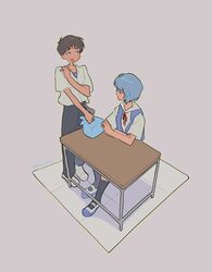  1boy 1girl absurdres ayanami_rei black_socks blue_eyes blue_hair highres ikari_shinji neon_genesis_evangelion open_mouth red_eyes red_ribbon ribbon school_uniform shinjiisdead short_hair socks table tokyo-3_middle_school_uniform twitter_username white_footwear 